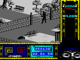 Ninja Remix (ZX Spectrum) screenshot: Level 1, "The Park": To the boat.<br> With the right key in his possession, <i>Armakuni</i> is almost fully prepared to face all dangers ahead of him.