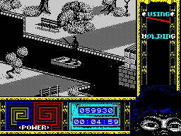 Ninja Remix (ZX Spectrum) screenshot: Level 1, "The Park": The boat.<br> Are <i>Armakuni</i>'s legs shaking...?