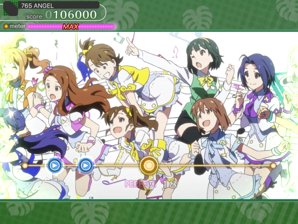 The iDOLM@STER: Shiny Festa - Melodic Disc (iPad) screenshot: A panning shot of all the characters.