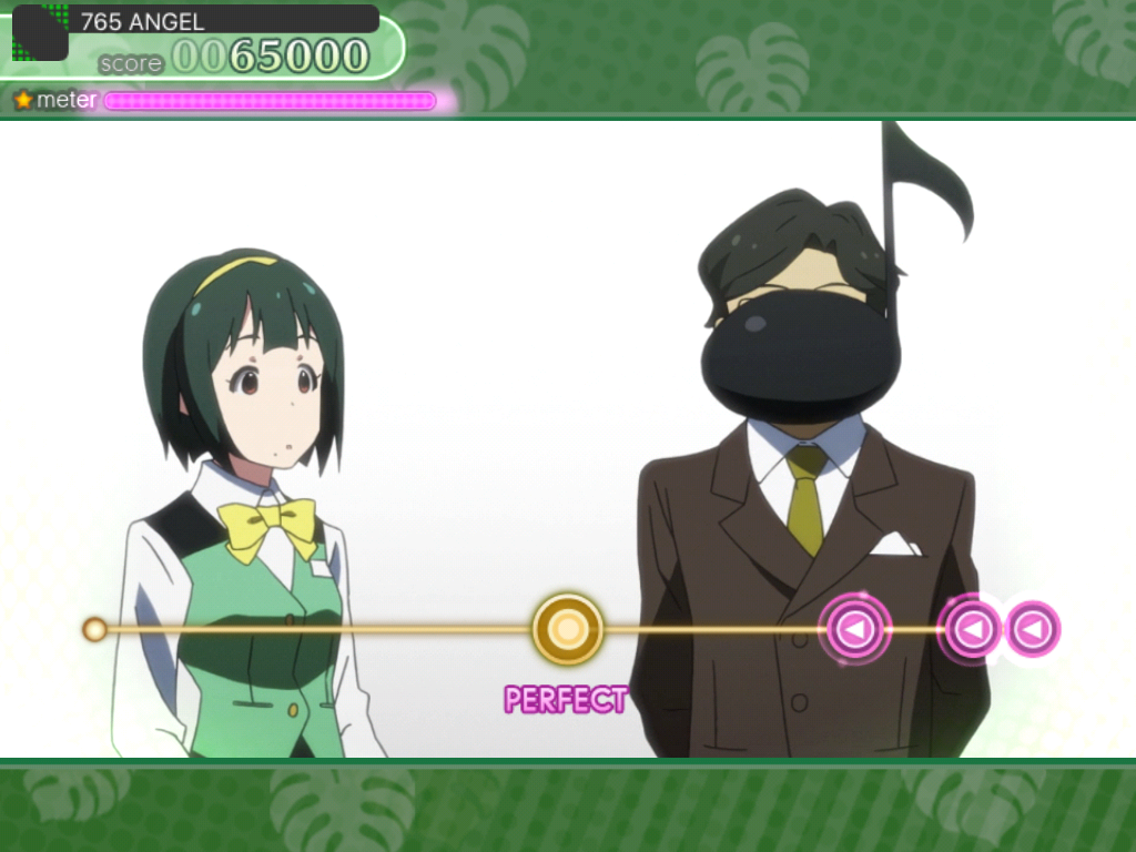 The iDOLM@STER: Shiny Festa - Melodic Disc (iPad) screenshot: The company president's face is never seen.