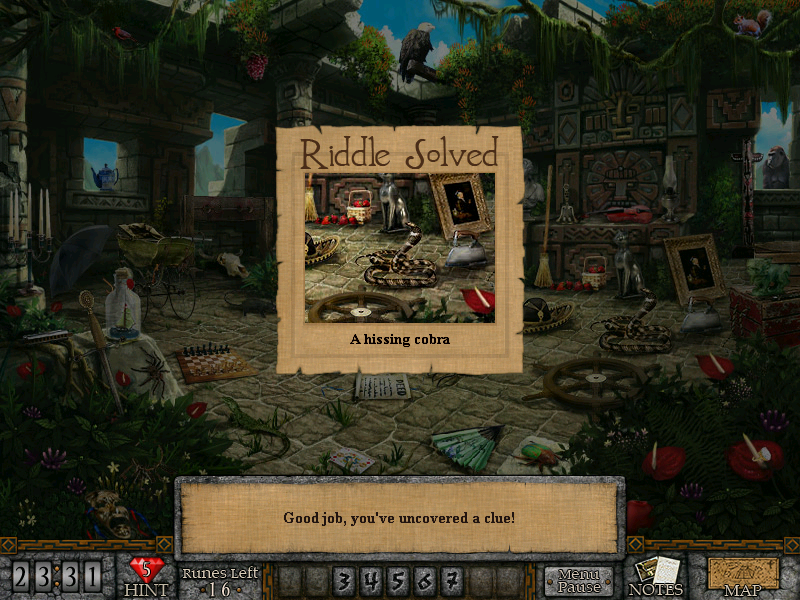 Forgotten Riddles: The Mayan Princess (Windows) screenshot: All clues are in riddles. Once the riddle is solved the player searches the picture for the answer