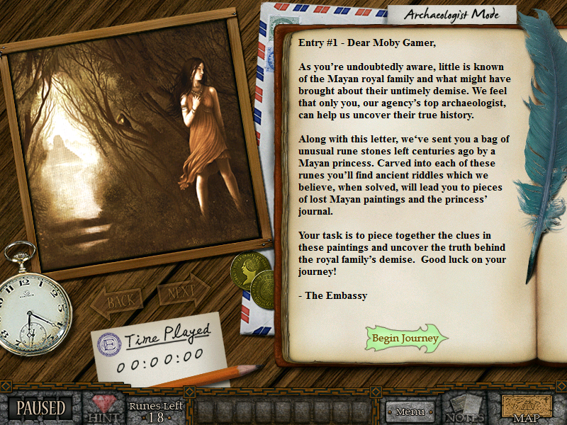 Forgotten Riddles: The Mayan Princess (Windows) screenshot: The start of a game begins with a plot summary. There's a similar scene at the end of each level
