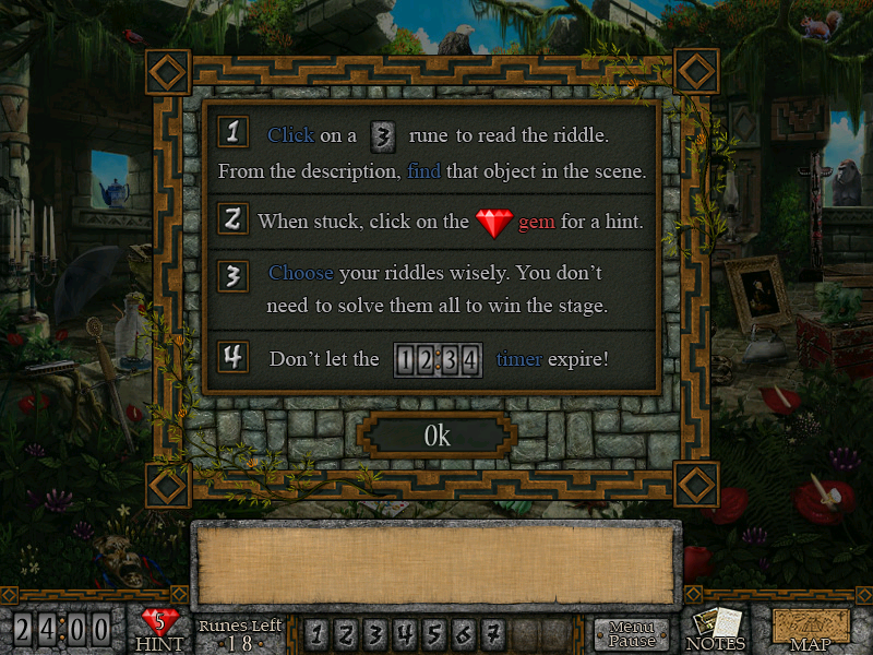 Forgotten Riddles: The Mayan Princess (Windows) screenshot: The first time the game is played the player is given advice on how the game is played