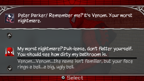 Spider-Man: Web of Shadows - Amazing Allies Edition (PSP) screenshot: Reasoning with Venom