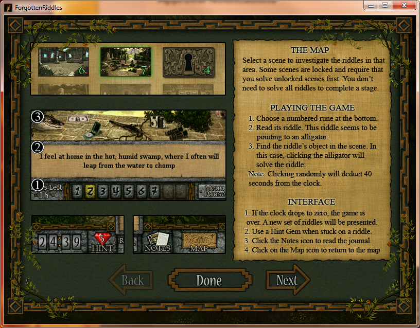 Forgotten Riddles: The Mayan Princess (Windows) screenshot: The game's help function differs from the in-game help. This screen is the first of three