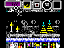 Hysteria (ZX Spectrum) screenshot: Level 3: Unknown future.<br> Impossible to collect the last jigsaw piece without a special tool or weapon.