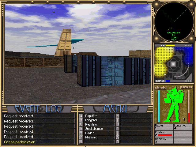SCARAB (Windows) screenshot: Vultures in the sky will feast on your fallen enemies. Random Modules scattered across the map, some more powerful than others.