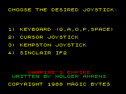 Vampire's Empire (ZX Spectrum) screenshot: Control options