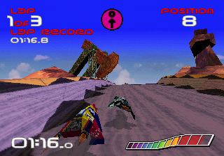 WipEout (SEGA Saturn) screenshot: About to catch some air (or fall to my doom).
