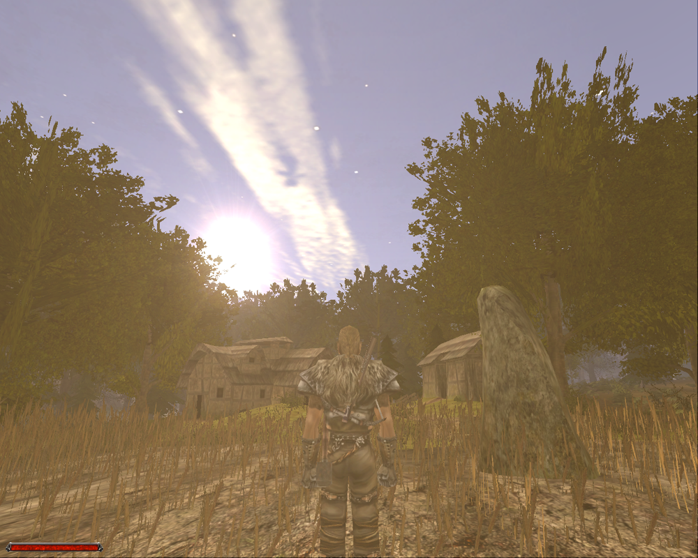 Gothic II (Windows) screenshot: I just like standing in the rays of a rising sun, clad in furry mercenary armor of the highest quality. These are my hobbies, okay?..
