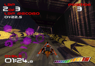 WipEout (SEGA Saturn) screenshot: Someone is about to get a face full of homing missile.