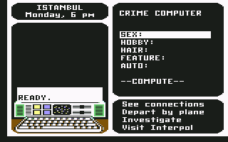 Where in the World Is Carmen Sandiego? (Commodore 64) screenshot: Crime Computer