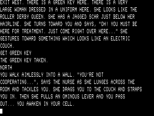 Bedlam (TRS-80) screenshot: Time for some electric shock treatment!