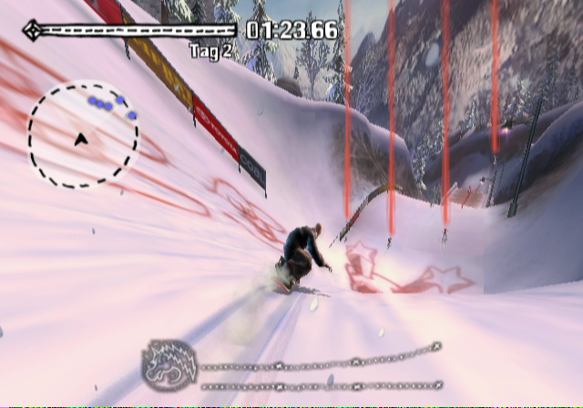 SSX on Tour (GameCube) screenshot: I need to tag some opponents, highlighted by the red beam of light.