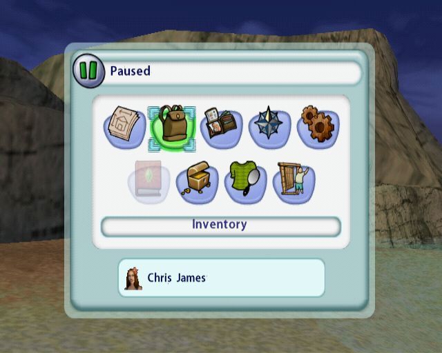 The Sims 2: Castaway (PlayStation 2) screenshot: Pressing START brings up the pause menu. From here the Sims health, inventory etc can be accessed