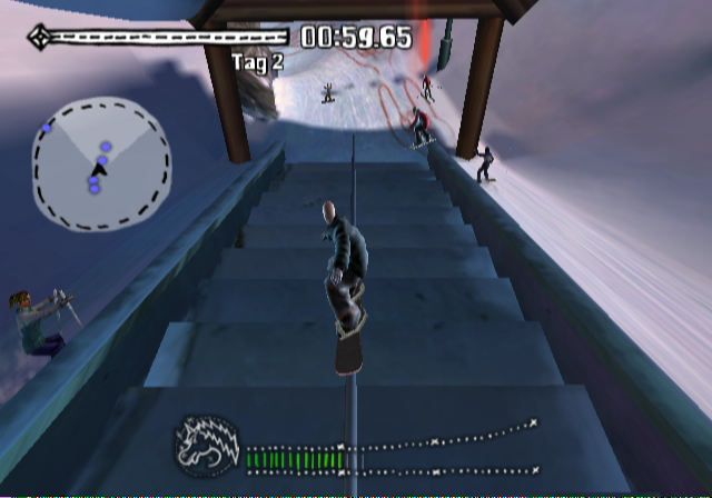 SSX on Tour (GameCube) screenshot: Bonus points for riding a railing