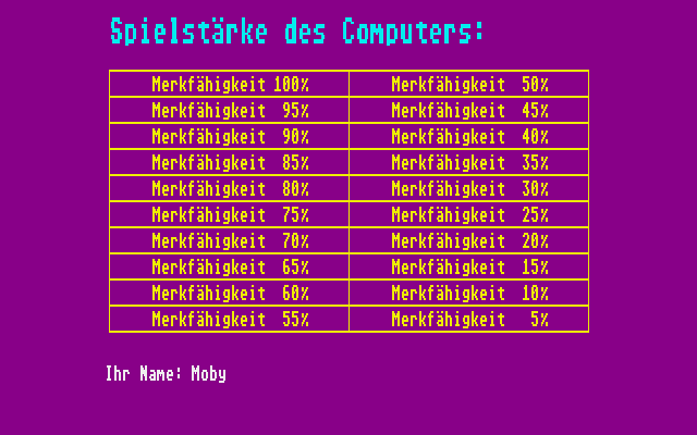 Atari ST-Memory (Atari ST) screenshot: Selecting the difficulty of the computer opponent (how likely he memorize he cards. 0 is extremely weak, 100 is impossible to beat)