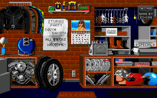 Harley-Davidson: The Road to Sturgis (Amiga) screenshot: Inside the store at the gas station