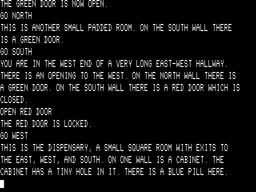 Bedlam (TRS-80) screenshot: Wandering about, I find the dispensary; should I take the blue pill?