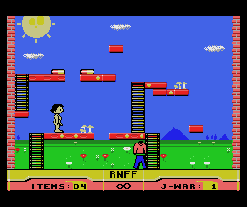 RNFF: Running Naked in a Field of Flowers (MSX) screenshot: Take the mushrooms to jump up to the left platform