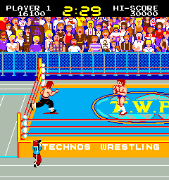 Mat Mania (Arcade) screenshot: Second opponent Karate Fighter, in the Japanese version T.W.A. stands for Technos Wrestling Association