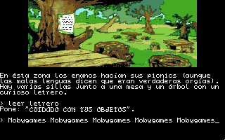 La Aventura Original (Amiga) screenshot: Dwarf picnic (and orgy) area.