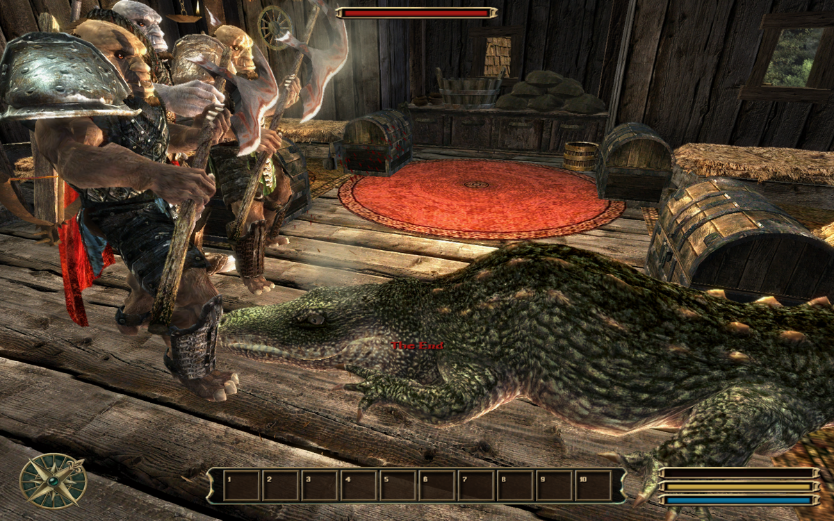 Gothic 3 (Windows) screenshot: Nothing beats the satisfaction of turning into a crocodile and crawling into someone's house! Those scary orcs, however, seem to disagree... and this is the end of my reptilian journey