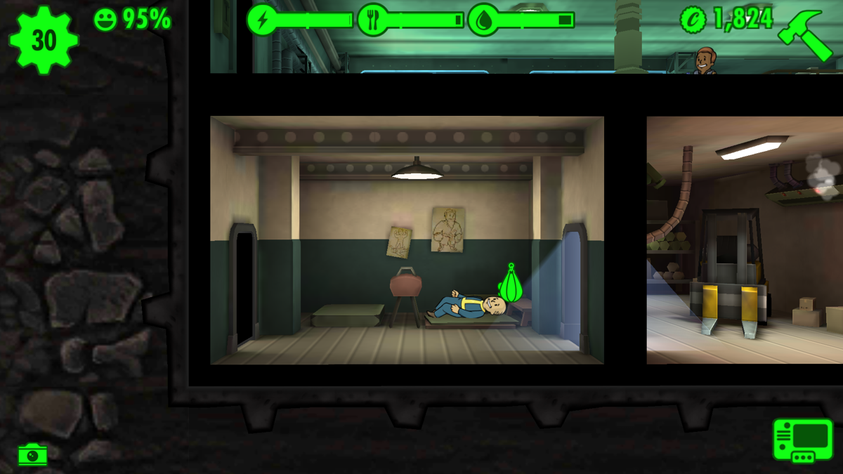 Fallout Shelter (Android) screenshot: Some training to increase the attributes.