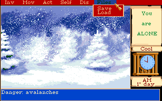 Mortville Manor (Amiga) screenshot: Snow storm and the file management menu