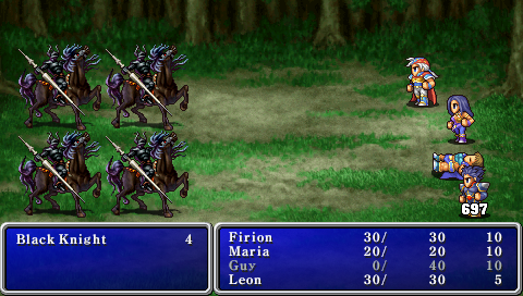 Final Fantasy II (PSP) screenshot: Fighting the Dark Knights at game start – there is no way to win this battle