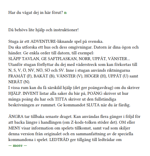 Stugan (Z-machine) screenshot: Instructions