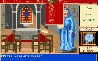 Mortville Manor (Amiga) screenshot: Chapel and the talk menu