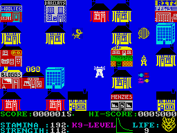 Paws (ZX Spectrum) screenshot: The shops are decorative barriers
