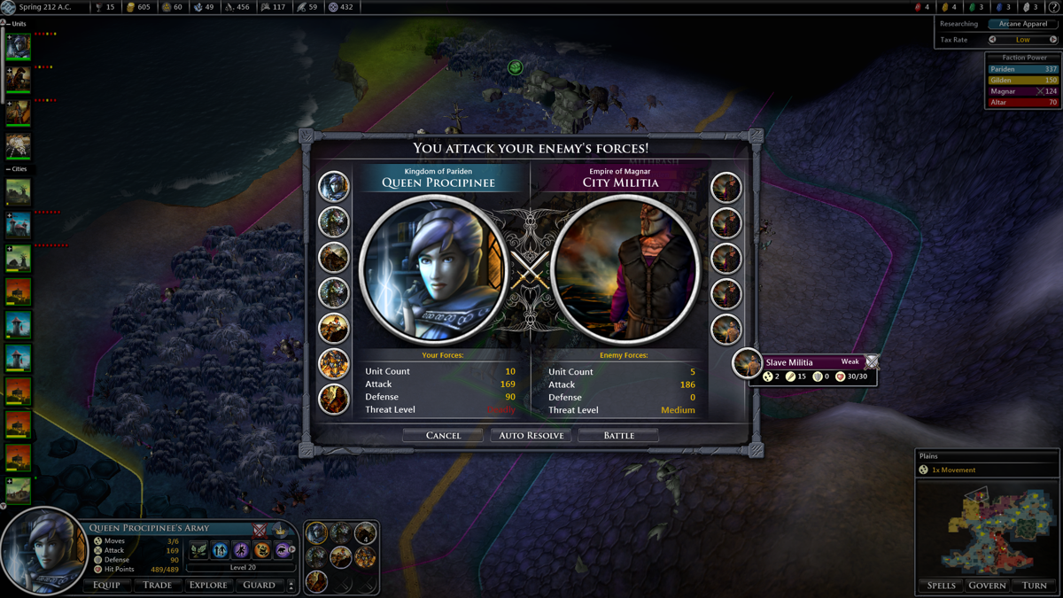 Fallen Enchantress (Windows) screenshot: Take your army into battle! The pre-battle screen will tell the relative strengths of each army and will allow you to battle tactically or auto-resolve the fight.