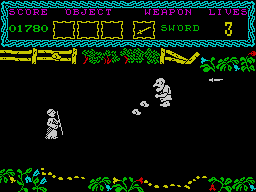 The Curse of Sherwood (ZX Spectrum) screenshot: Troll is tough. He need a few hits on him.