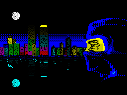 Ninja Remix (ZX Spectrum) screenshot: Then he vanishes to reappear unconscious on a place drawn by silhouettes of what looked like musical instruments. The mission of the <i>Shadow Warrior</i> begins.