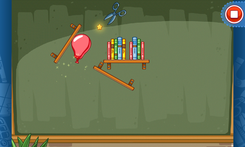 Amazing Alex (Android) screenshot: Using shelves to guide the balloon to the scissors
