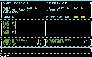 Secret of the Silver Blades (Commodore 64) screenshot: Character statistics