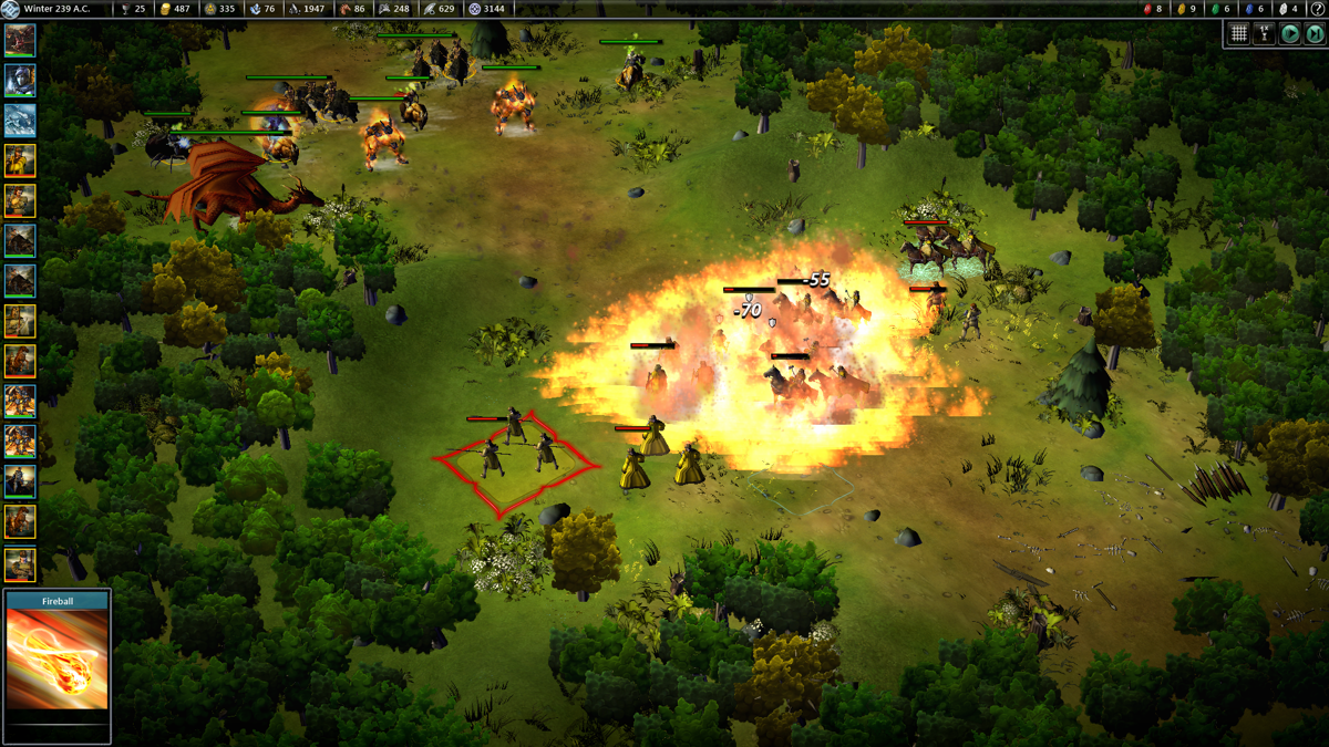 Fallen Enchantress (Windows) screenshot: A fireball hits several enemy units which were placed close together.