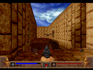 Powerslave (SEGA Saturn) screenshot: Shooting some hawks... and from the context of the game I's assume they are mummified hawks.