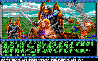 Champions of Krynn (Amiga) screenshot: Draconians attacking a caravan.