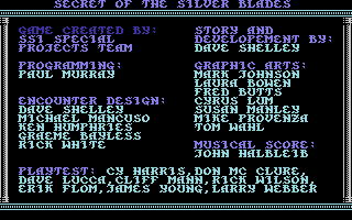 Secret of the Silver Blades (Commodore 64) screenshot: Credits