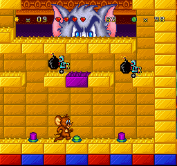 Tom and Jerry (SNES) screenshot: Jerry moves to a place with ground buttons: it's time to plan a new mode to re-defeat Tom, the Cat!