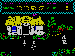 The Curse of Sherwood (ZX Spectrum) screenshot: Skeletons near the witch's house.