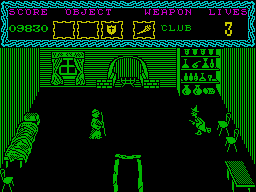 The Curse of Sherwood (ZX Spectrum) screenshot: Witch gives bottle of potion if you bring her werewolf's teeth and magic ball.