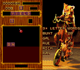 Wordtris (SNES) screenshot: A bomb has entered the play field.