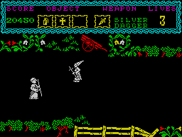 The Curse of Sherwood (ZX Spectrum) screenshot: This person has a ice wand.