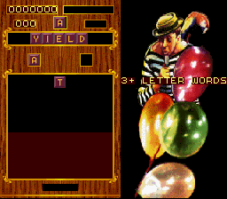 Wordtris (SNES) screenshot: My first letter is a T. The magic word is Yield.