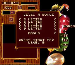 Wordtris (SNES) screenshot: Level A is cleared. On to level B.