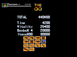 The Punisher (Genesis) screenshot: My stage 3 score and stats
